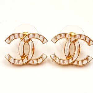 Chanel Brand New Gold CC White Stripe Piercing Earrings